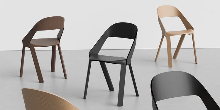 Rove is a stackable wooden chair with a flexible plywood shell, offering comfort, durability, and refined design – perfect for modern spaces.